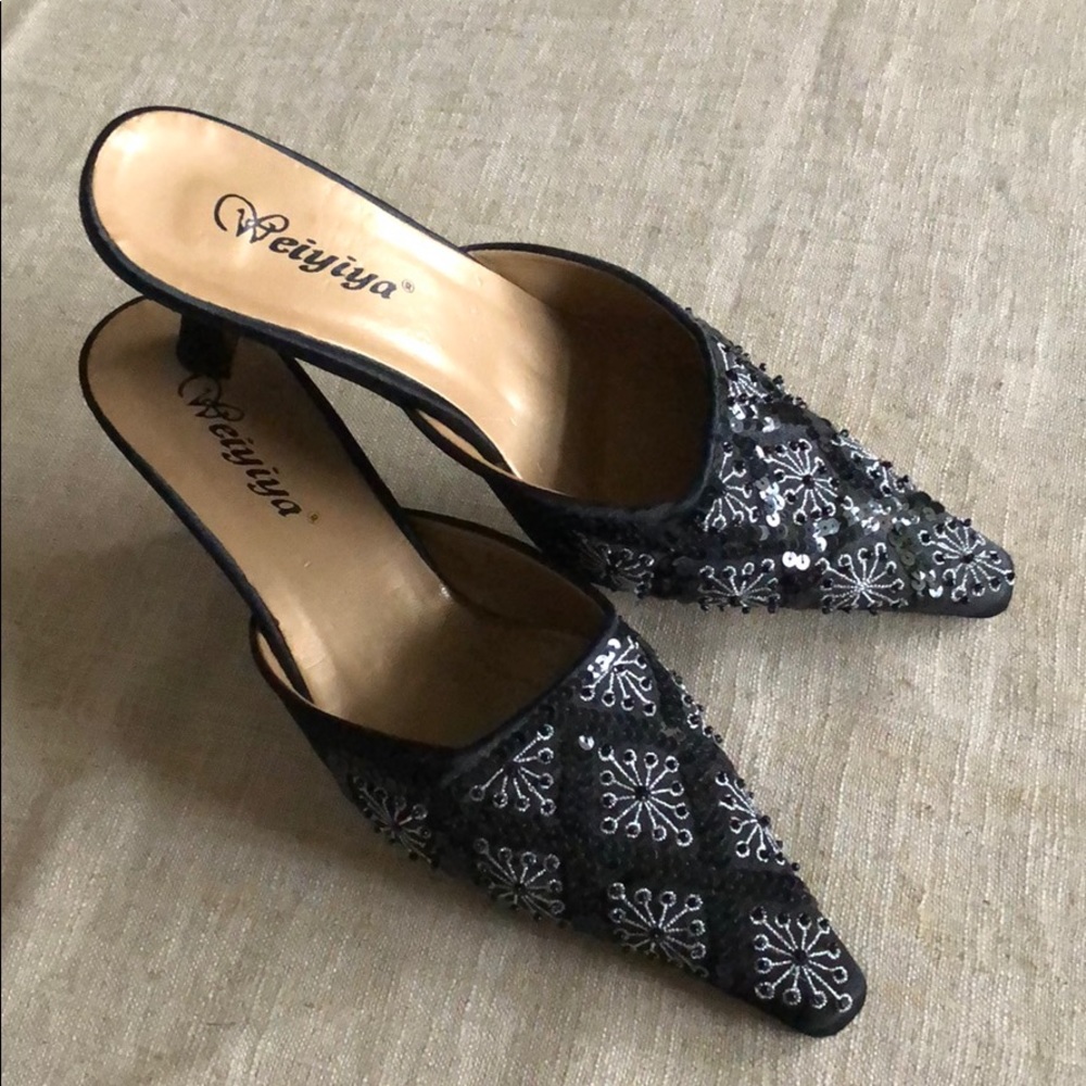Sequined black slip on mules